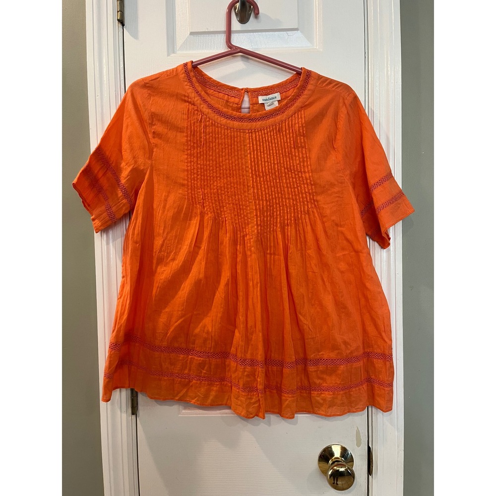 Sundance Orange Cotton Pintuck‎ Pleated Lace Trim Boho Blouse Top Womens M b7